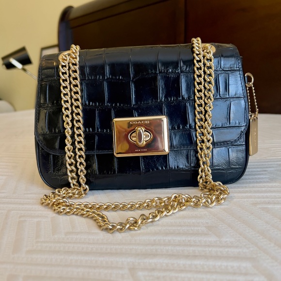 Coach Handbags - AUTHENTIC Coach Black Croc-Embossed Crossbody Bag with Gold Chain
